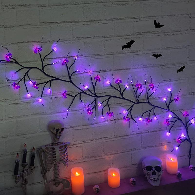Purple LED bat vine lights draped along a wall
