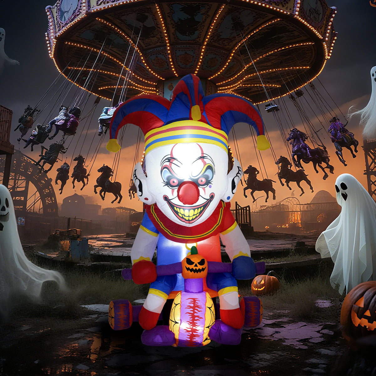 Light-up inflatable clown on a bicycle Halloween decoration