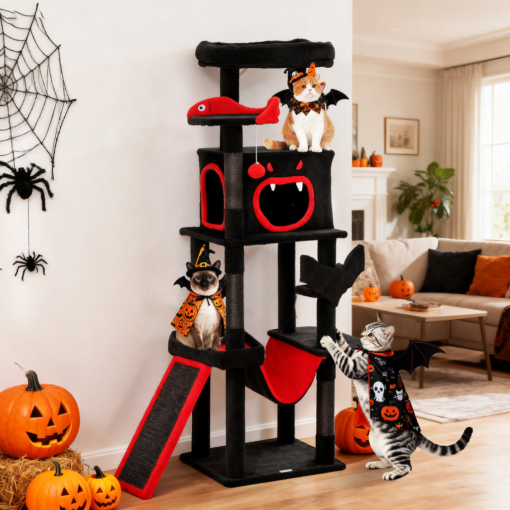 Cats on a tall gothic cat tower