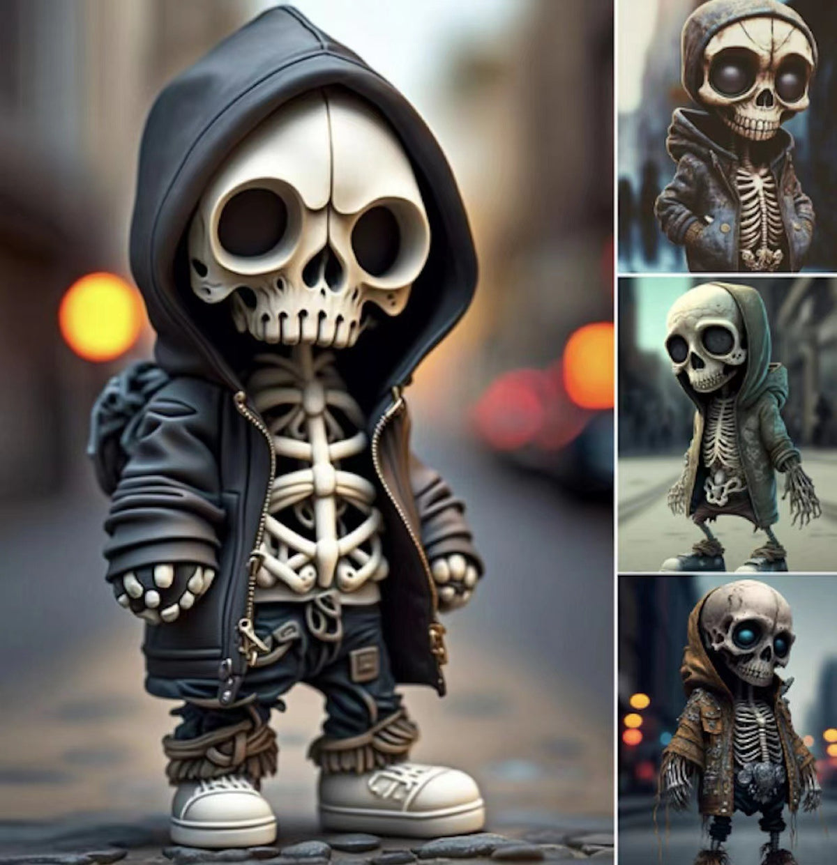 Skeleton figurine in a black hoodie