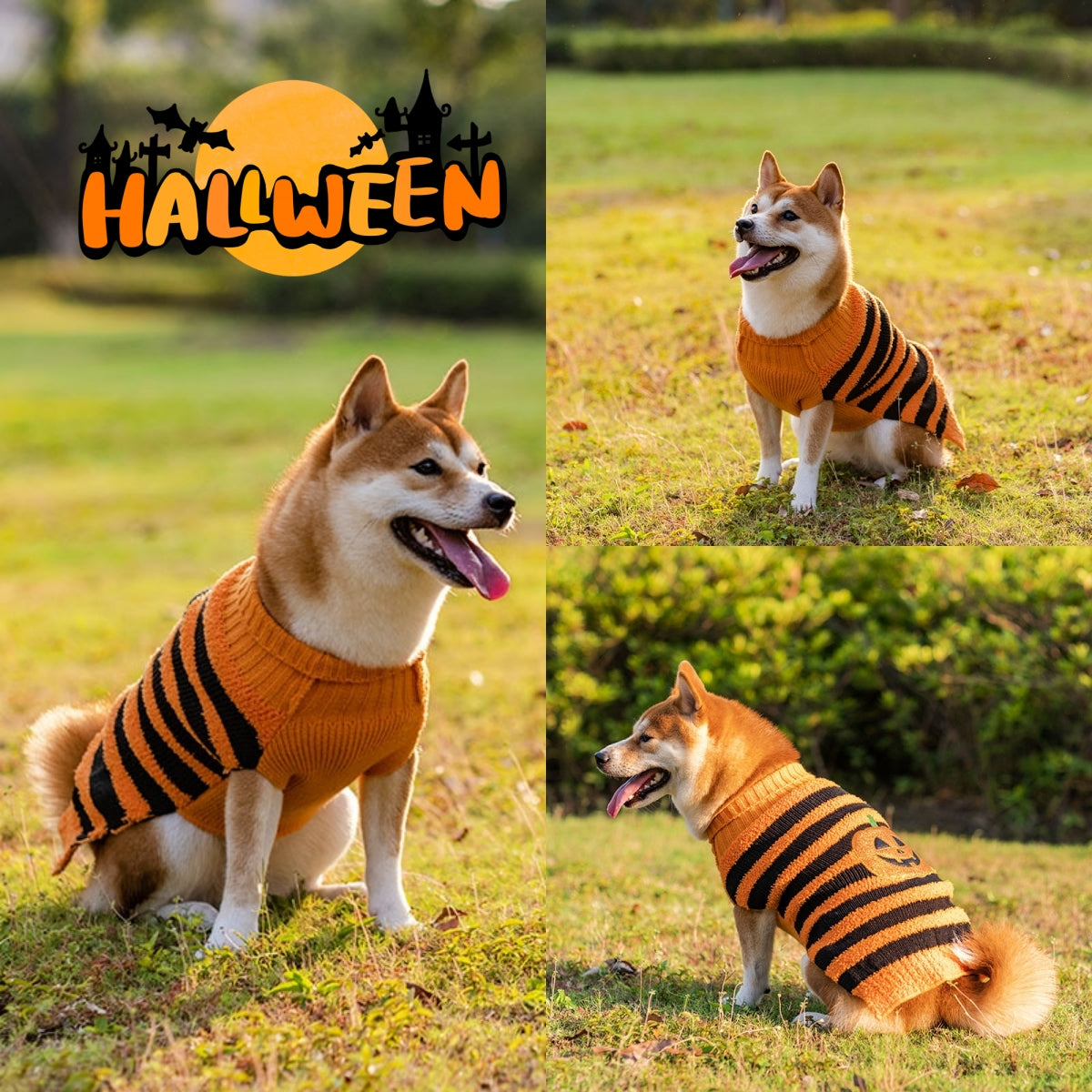 Dogs wearing striped Halloween jumpers