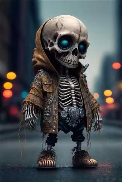 Skeleton figurine in a brown jacket