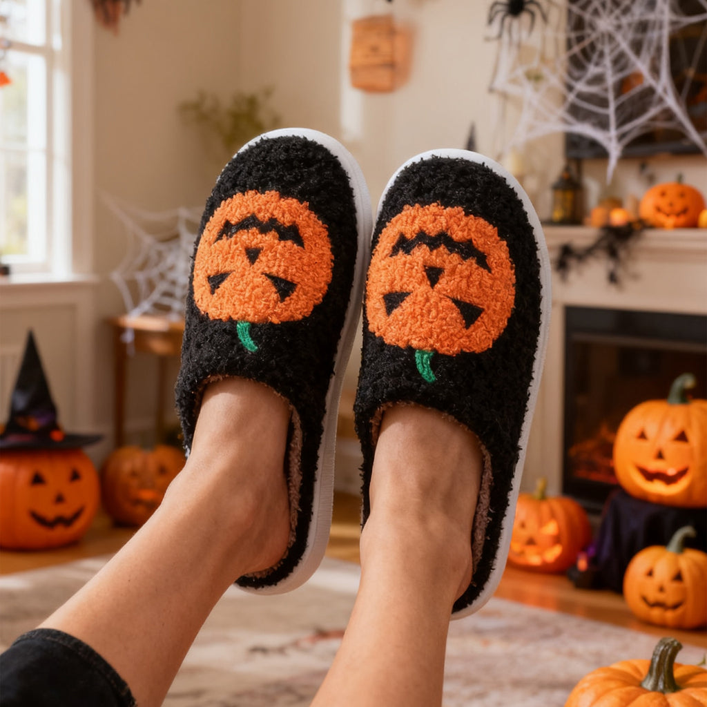 Black jack-o'-lantern slippers being worn