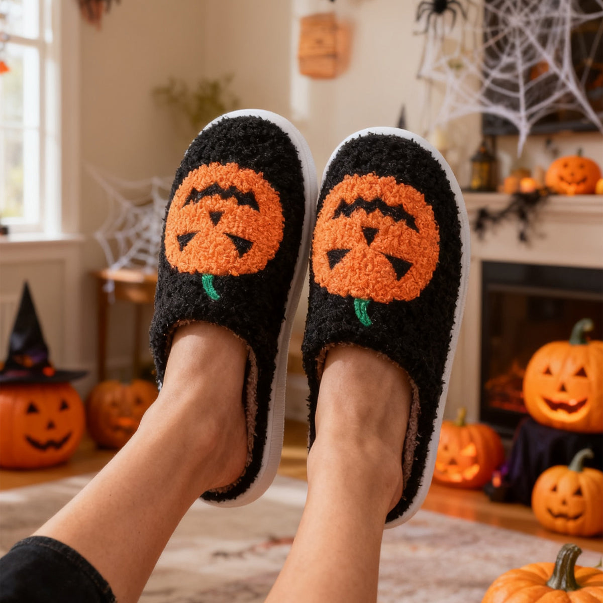 Black jack-o'-lantern slippers being worn
