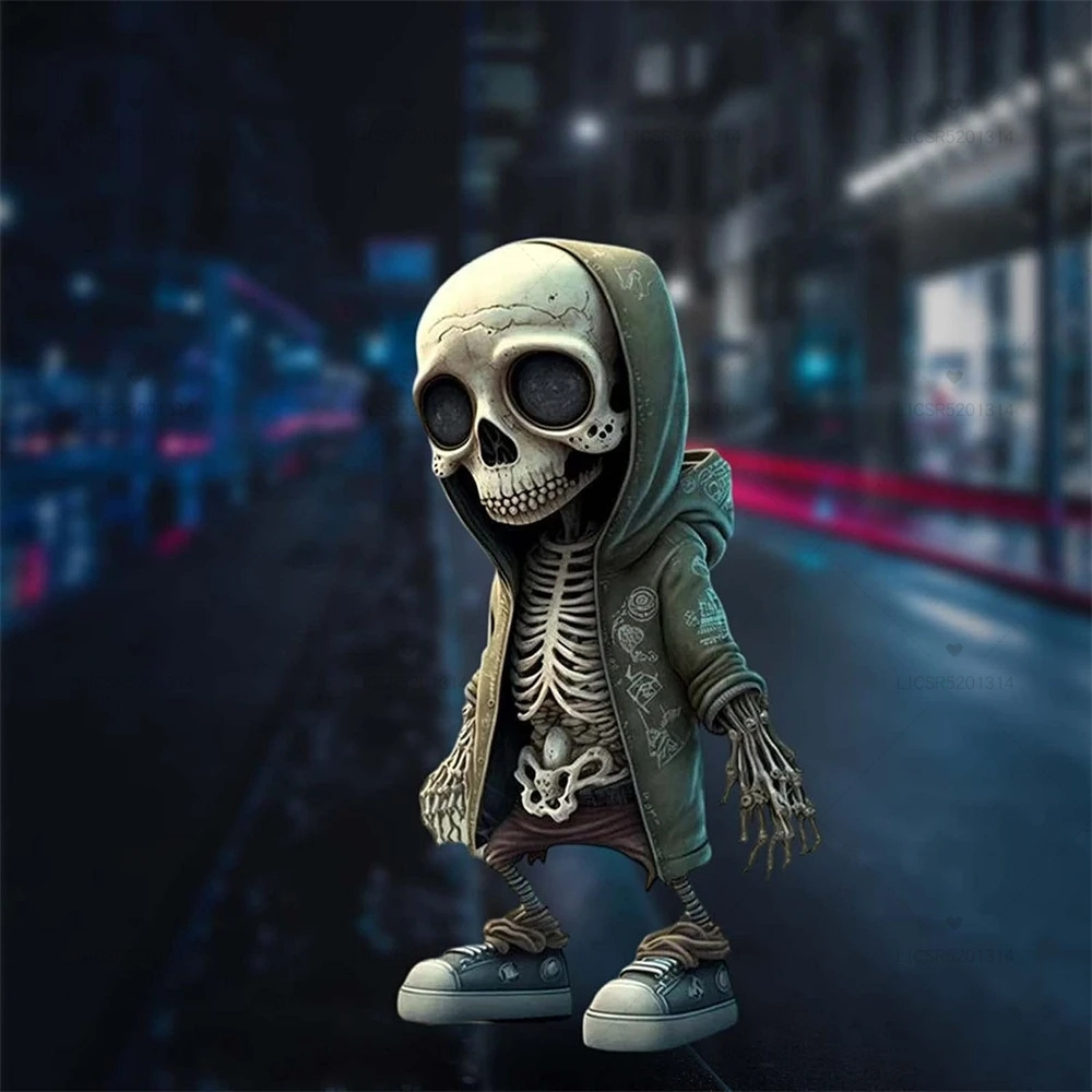 Skeleton figurine in a green hoodie