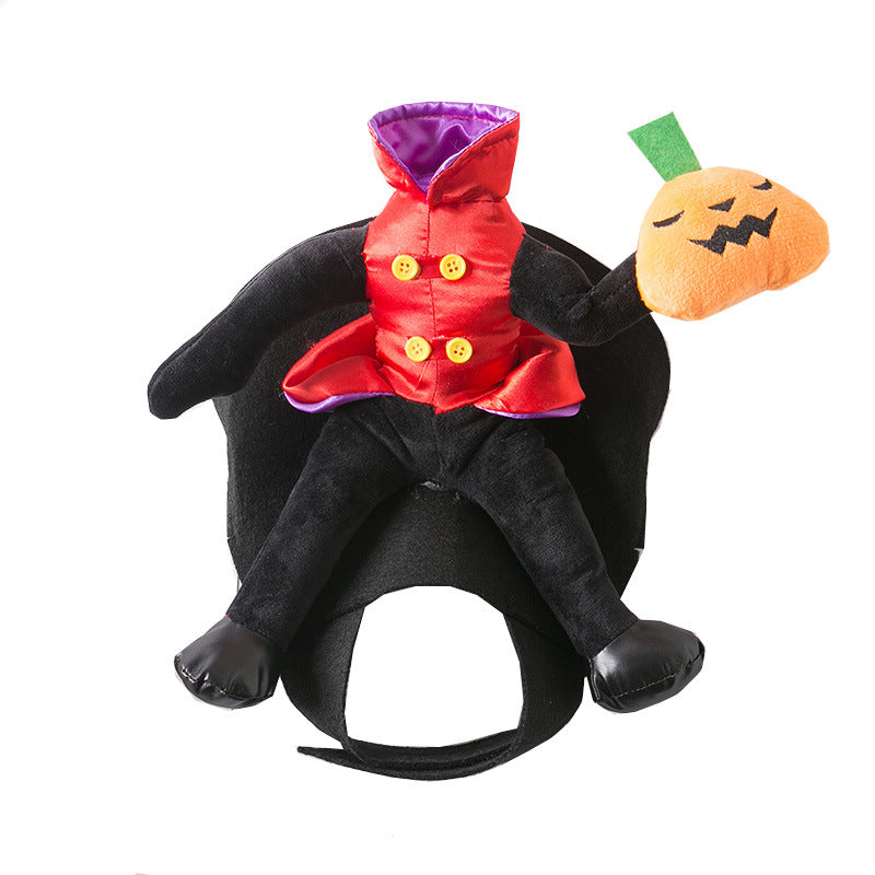 Dog wearing a headless horseman costume