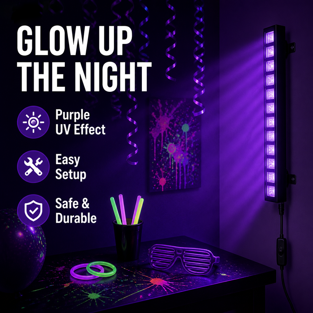 UV blacklight glow bar lighting a room purple